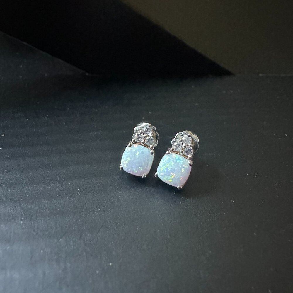 Opal Cubic Zirconia Earrings Studs .925 Sterling Brand New